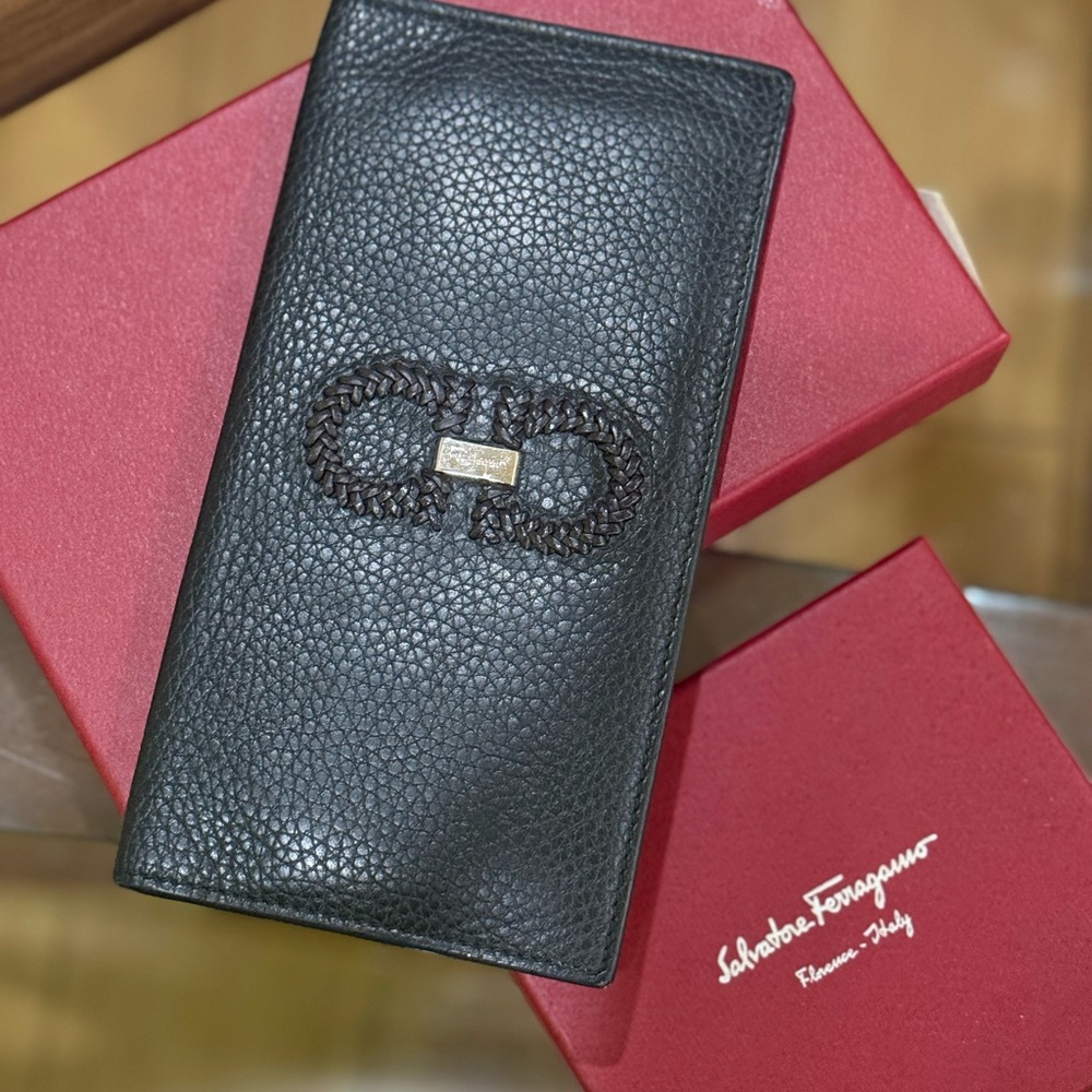 Salvatore Ferragamo Black Long Card Holder Wallet Sleek Design